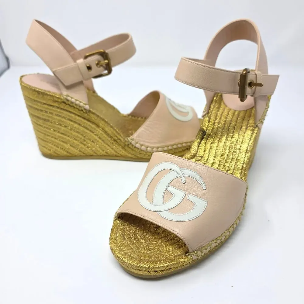Gucci Platform GG Logo Pink Gold Espadrille Wedge Sandals IT 39 US 9 658629